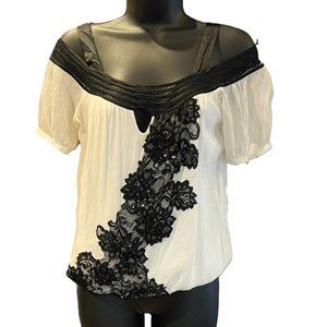 Guess Women's Sz XS Silk Floral Lace Bow Coquette Dainty Blouse White Black